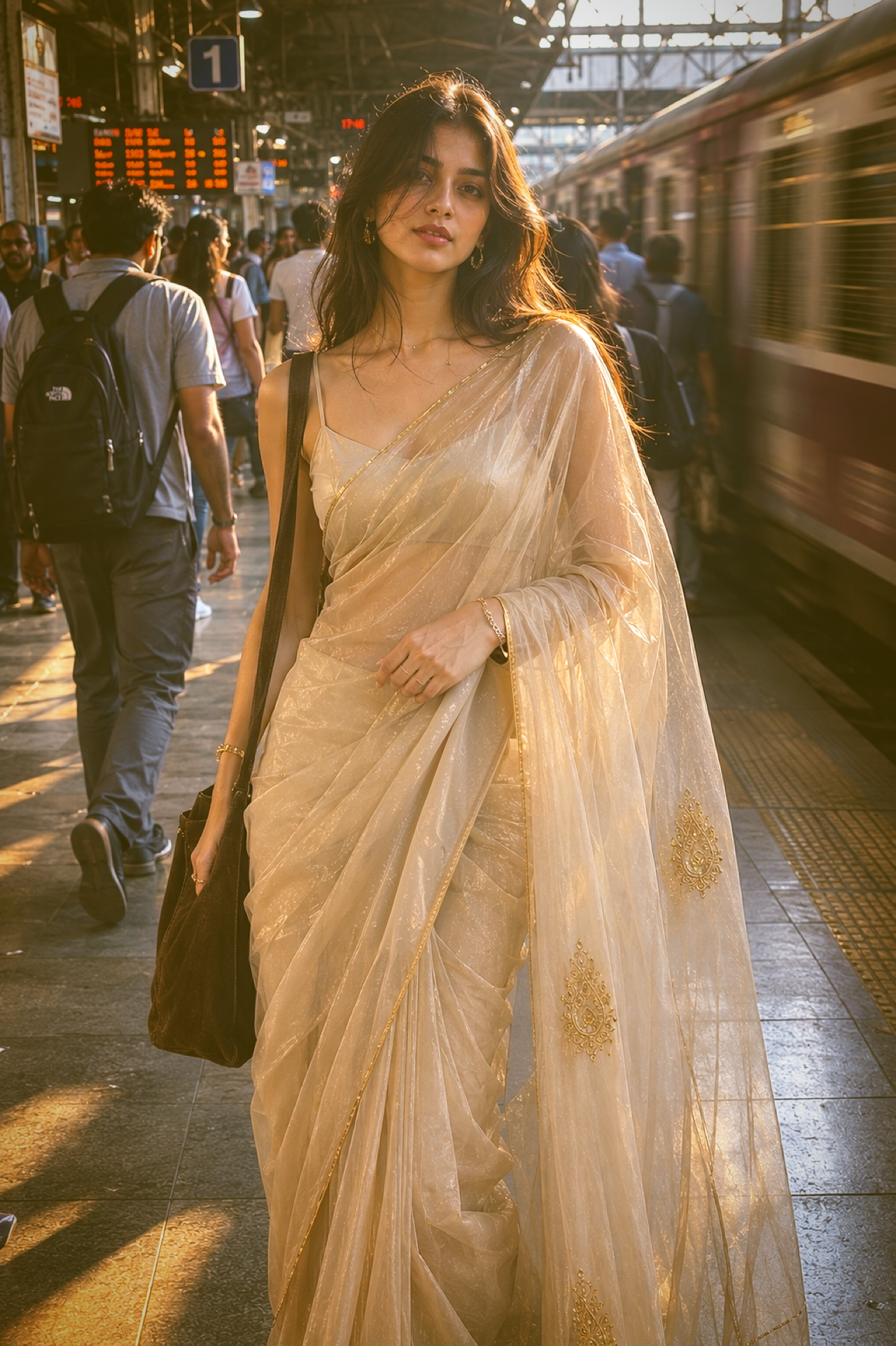Aparajita Sunehri champagne gold sequin embroidered organza saree, beaded edge detail