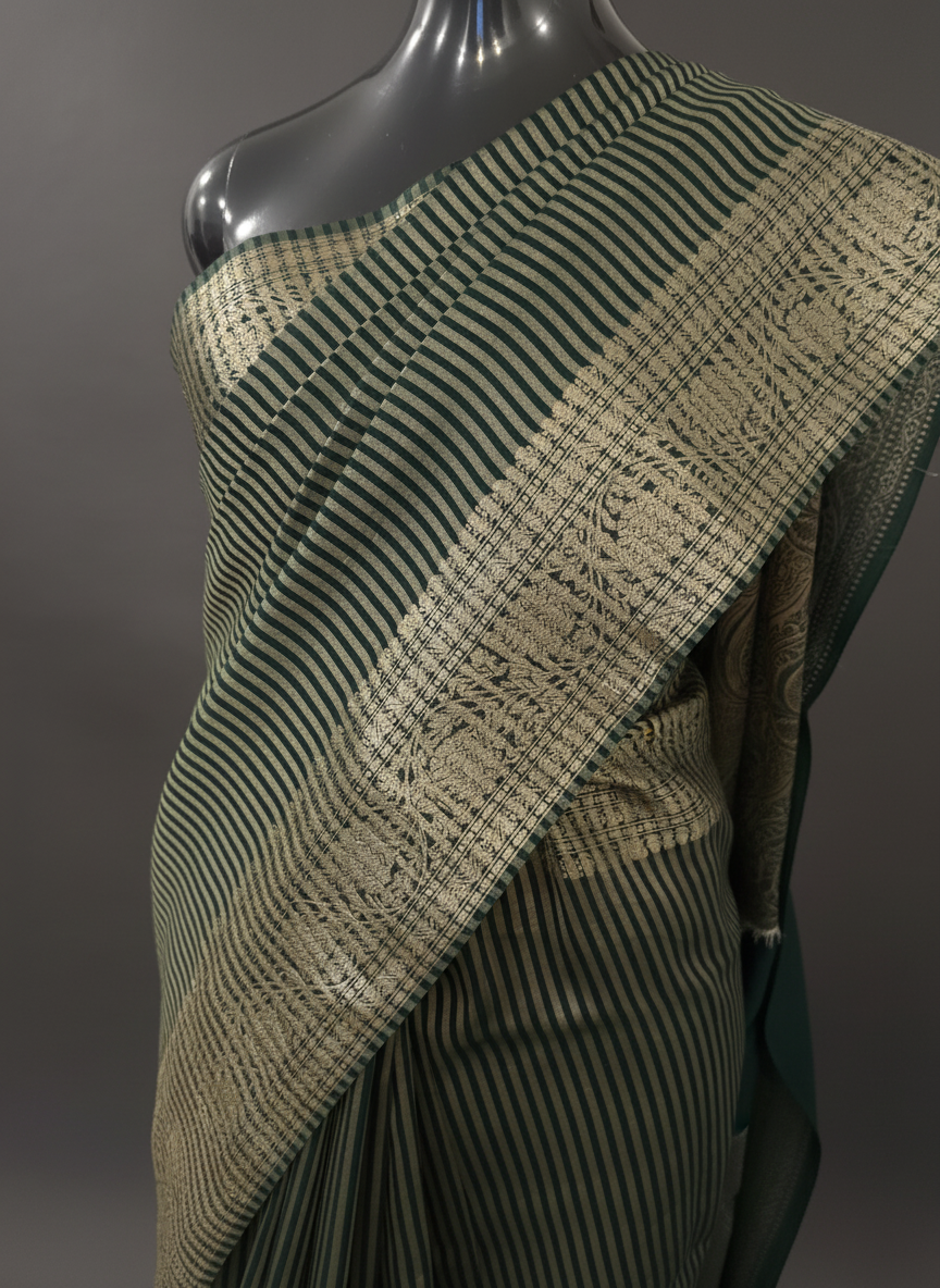 Aparajita Panna emerald green striped tissue silk Banarasi saree, metallic zari macro detail