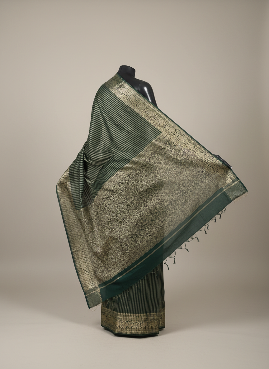 Aparajita Panna emerald green striped tissue silk Banarasi saree, rear pallu detail
