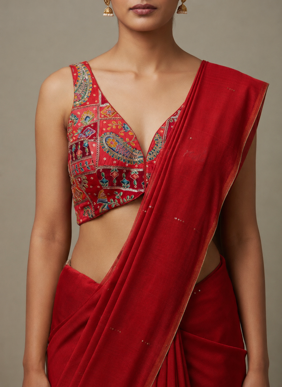 Aparajita Chunari red bandhej hand-painted zardozi saree blouse, paired with saree on model