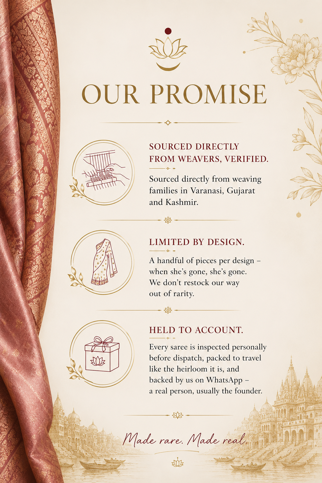 Aparajita's promise: handwoven and verified, sourced from weaving families in Banaras, Gujarat and Kashmir; limited pieces per design; every saree inspected personally before dispatch.