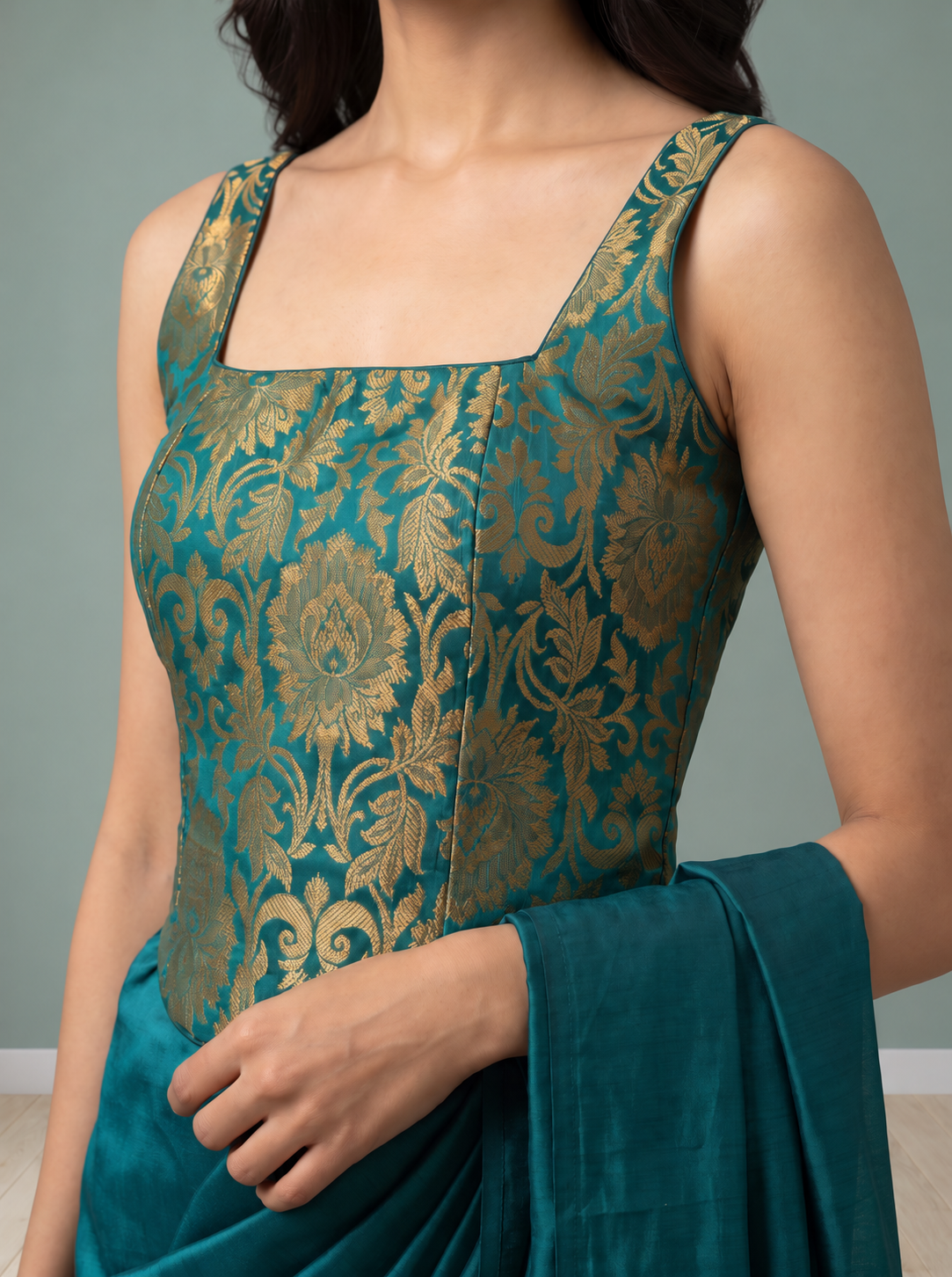 Prakriti - Teal & Gold Brocade Corset Blouse
