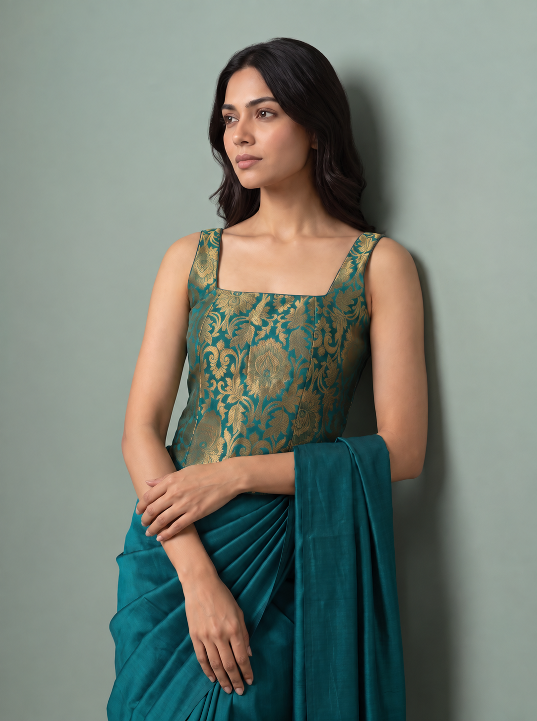 Prakriti - Teal & Gold Brocade Corset Blouse