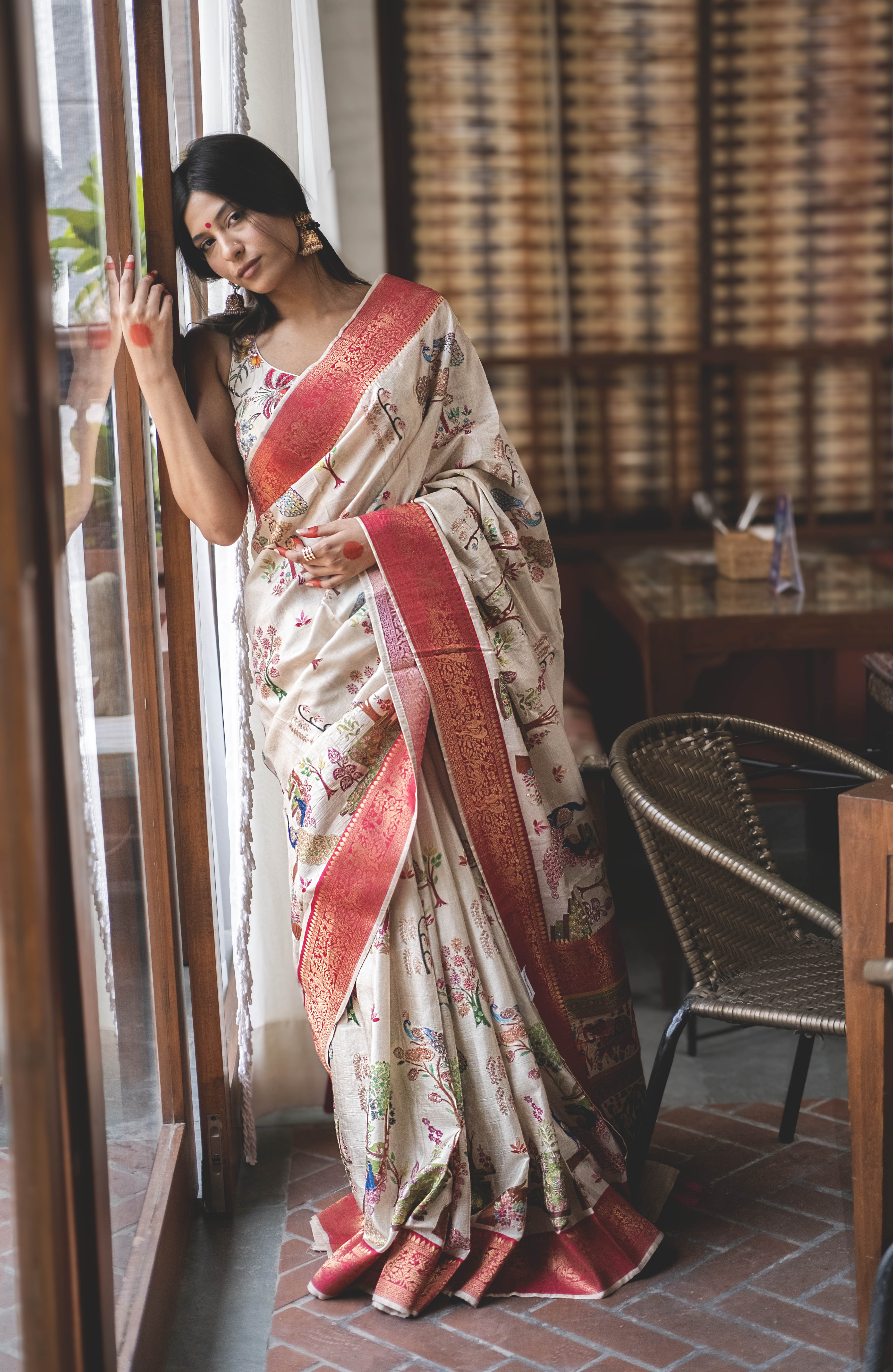 Aparajita Radha ivory hand-painted Kalamkari silk saree with red pallu, full-length drape