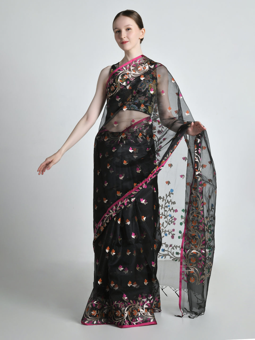 Black Jamdani Saree + Black Banarasi Brocade Blouse Combo Set