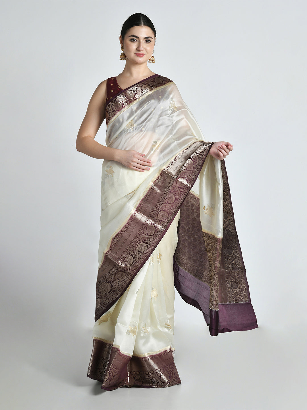 annapurna - Cream Wine Handwoven Katan Silk Banarasi Saree