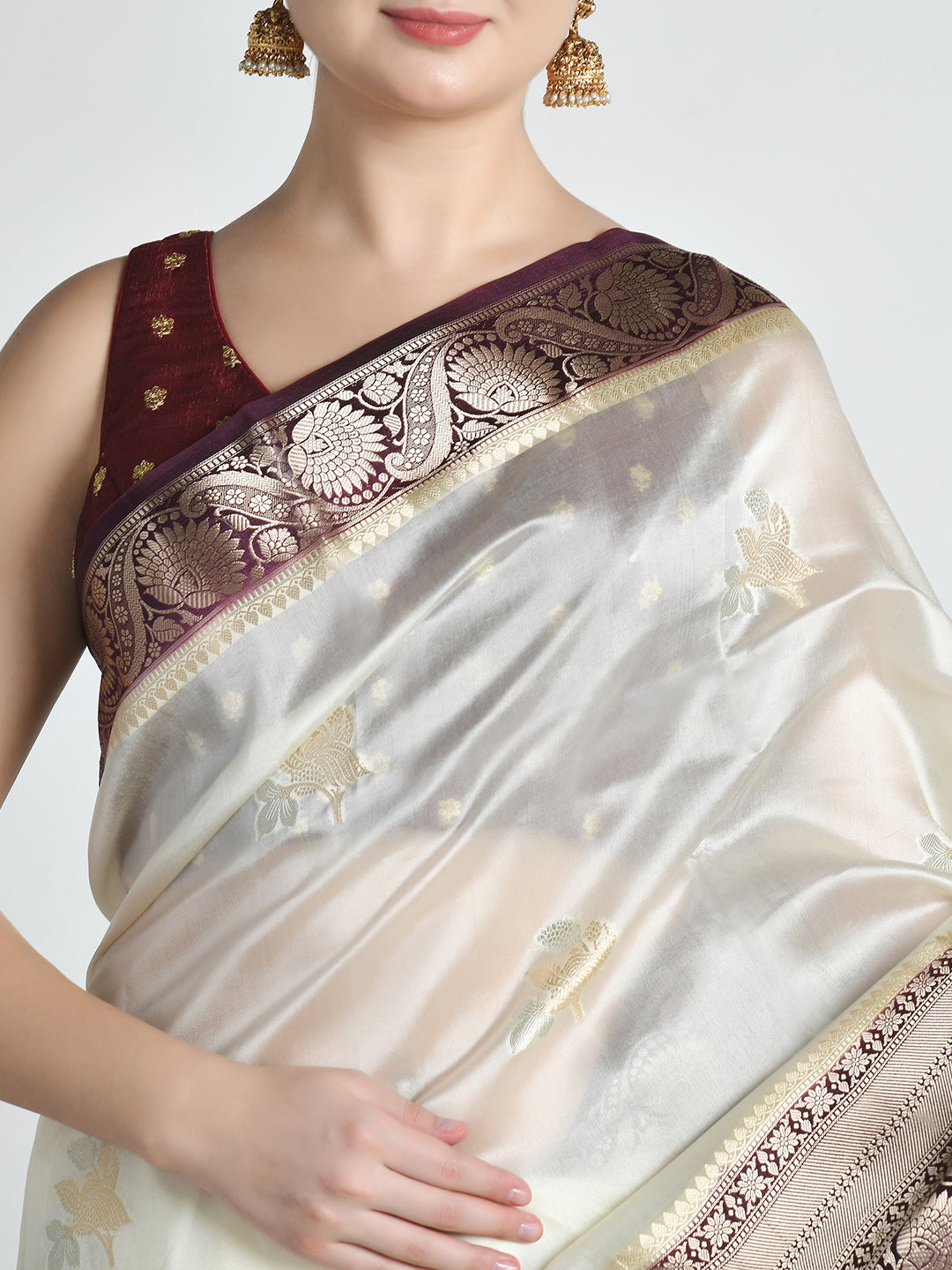 annapurna - Cream Wine Handwoven Katan Silk Banarasi Saree