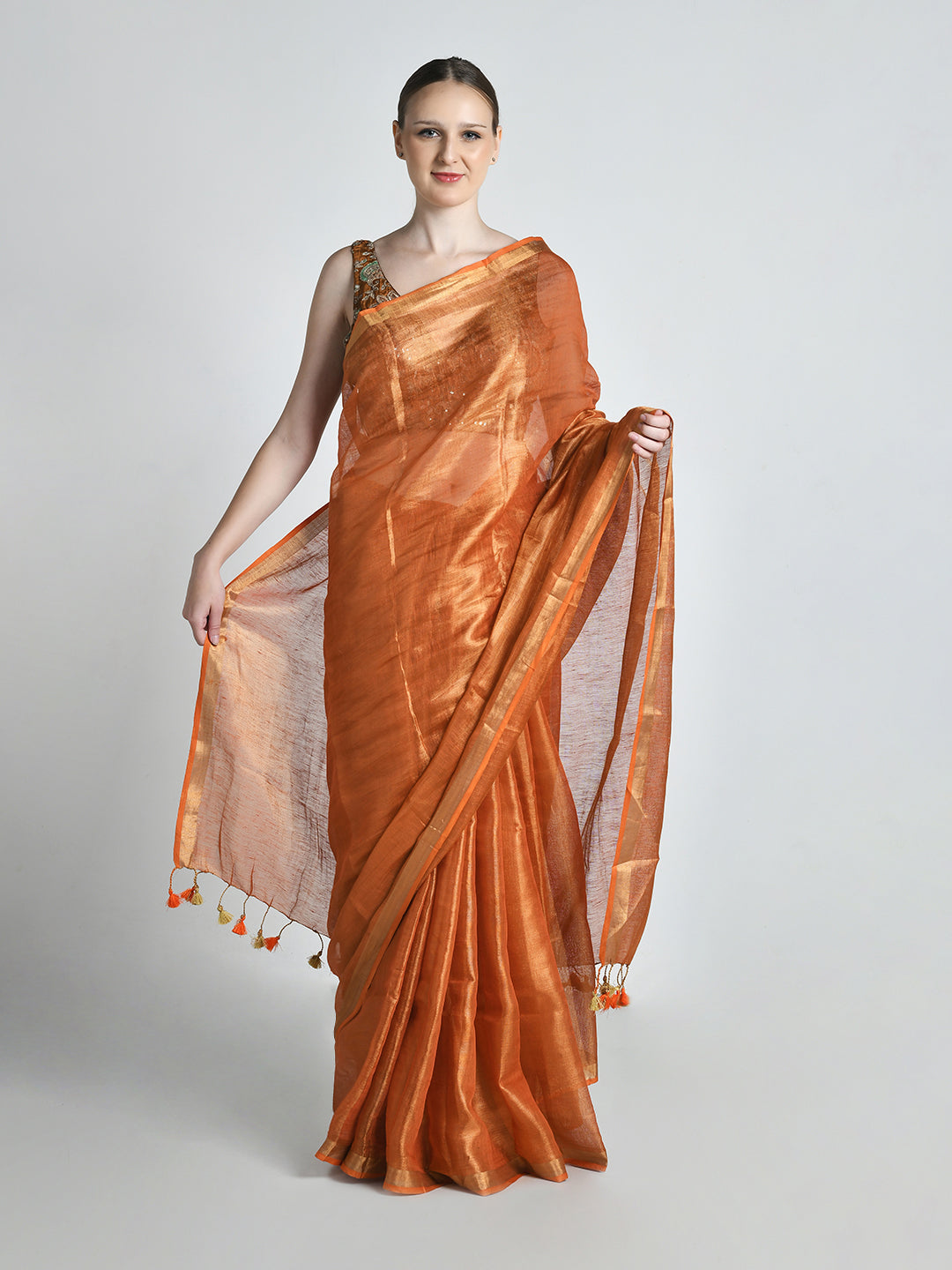 Bhor Metallic Orange Tissue Silk Saree – studio shot 1