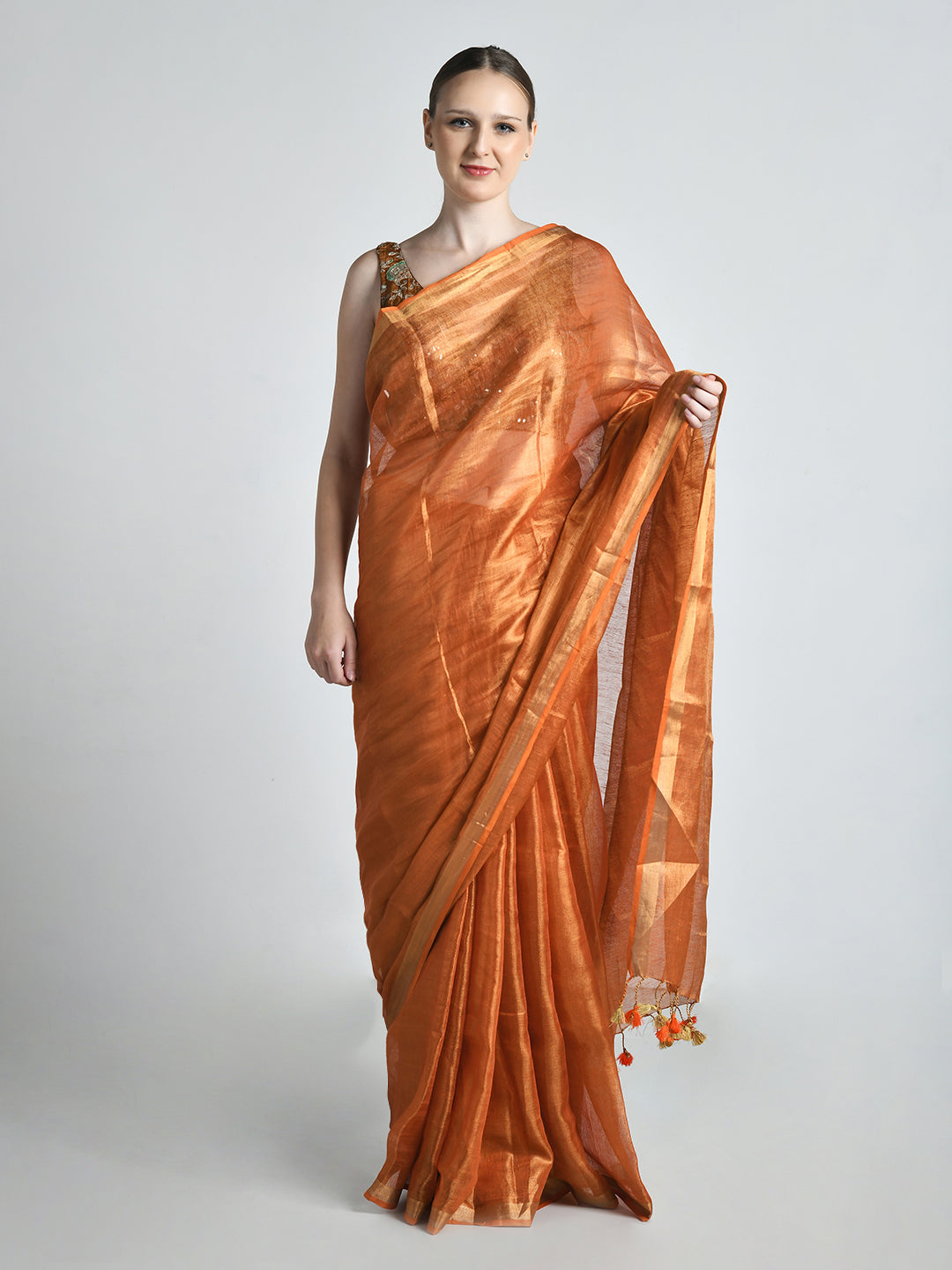 Bhor Metallic Orange Tissue Silk Saree – studio shot 2