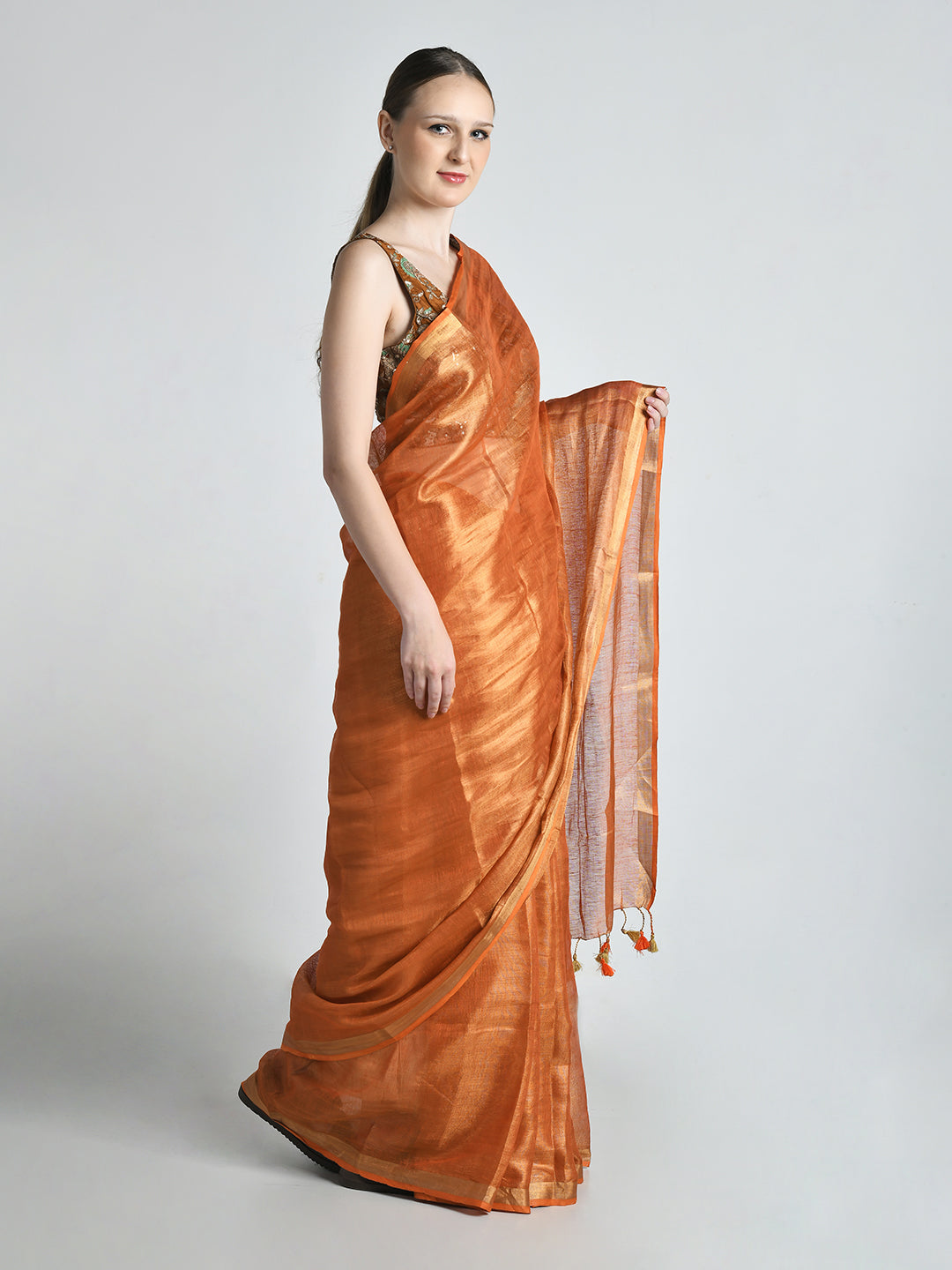 Bhor Metallic Orange Tissue Silk Saree – studio shot 4