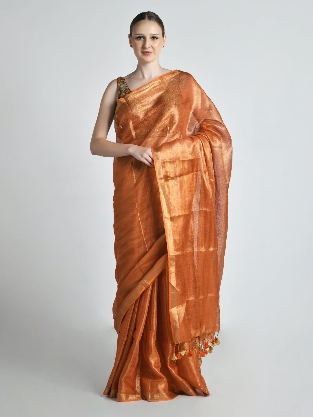 Bhor Metallic Orange Tissue Silk Saree – studio shot 5