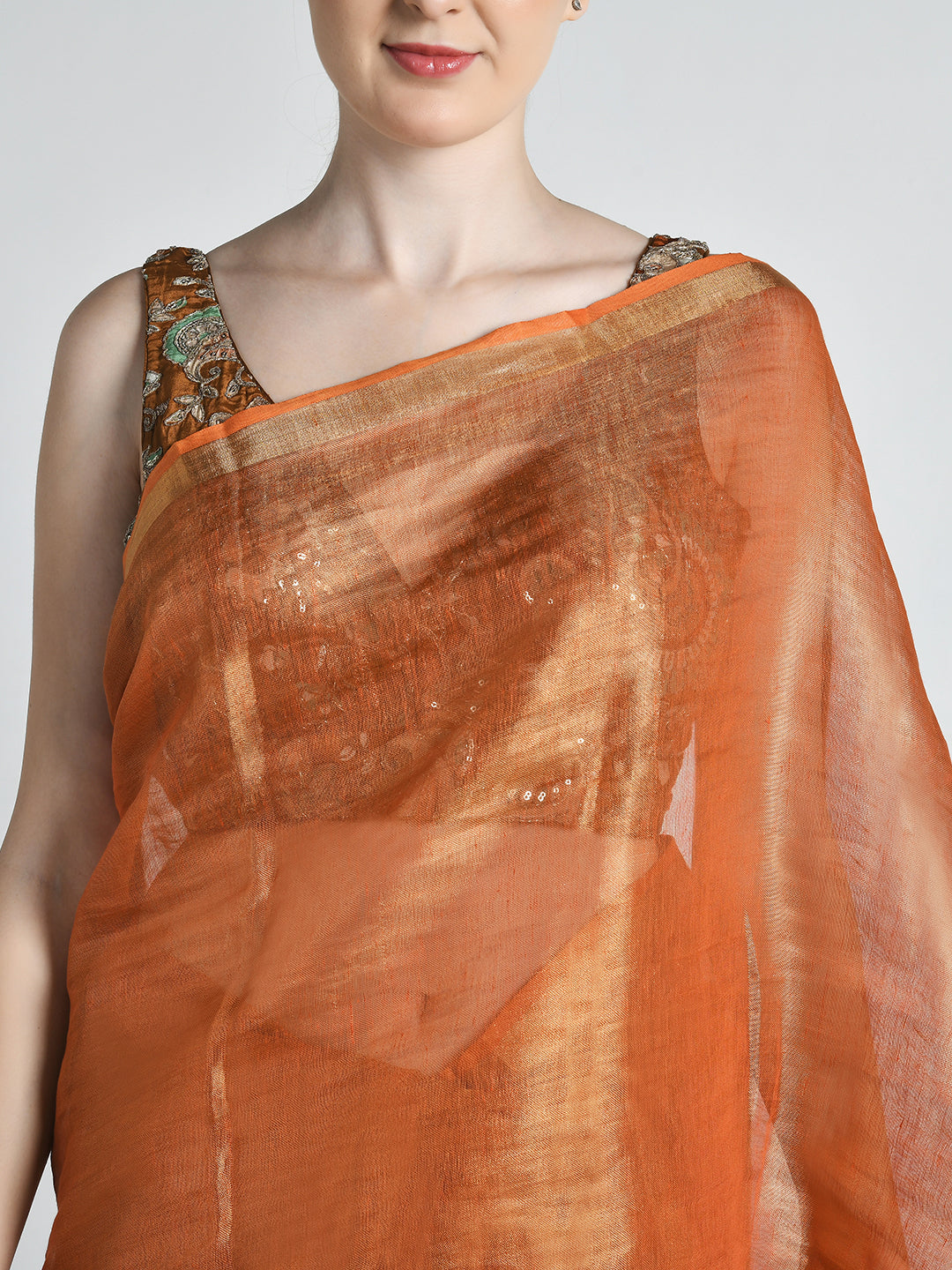 Bhor Metallic Orange Tissue Silk Saree – studio shot 6