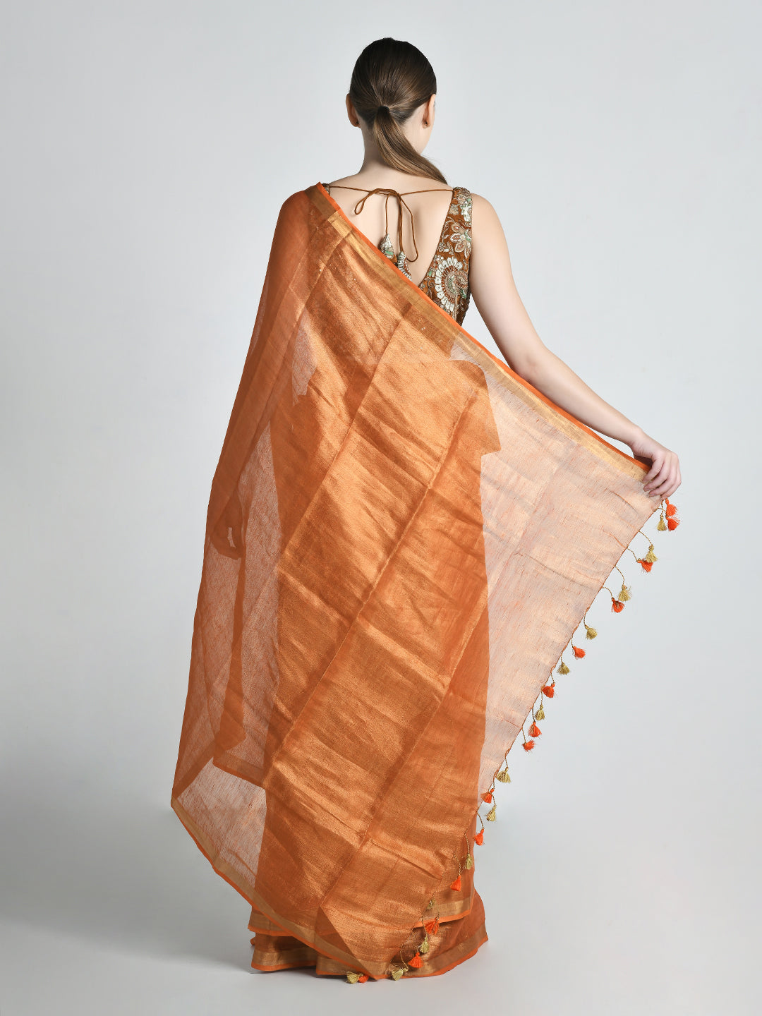 Bhor Metallic Orange Tissue Silk Saree – studio shot 7