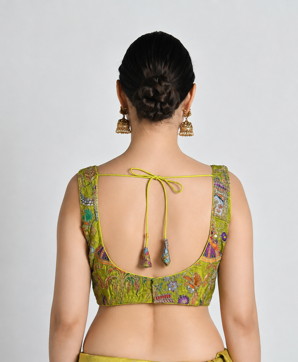 Chitralekha - Mehendi Green Hand-Painted Pichwai Saree Blouse
