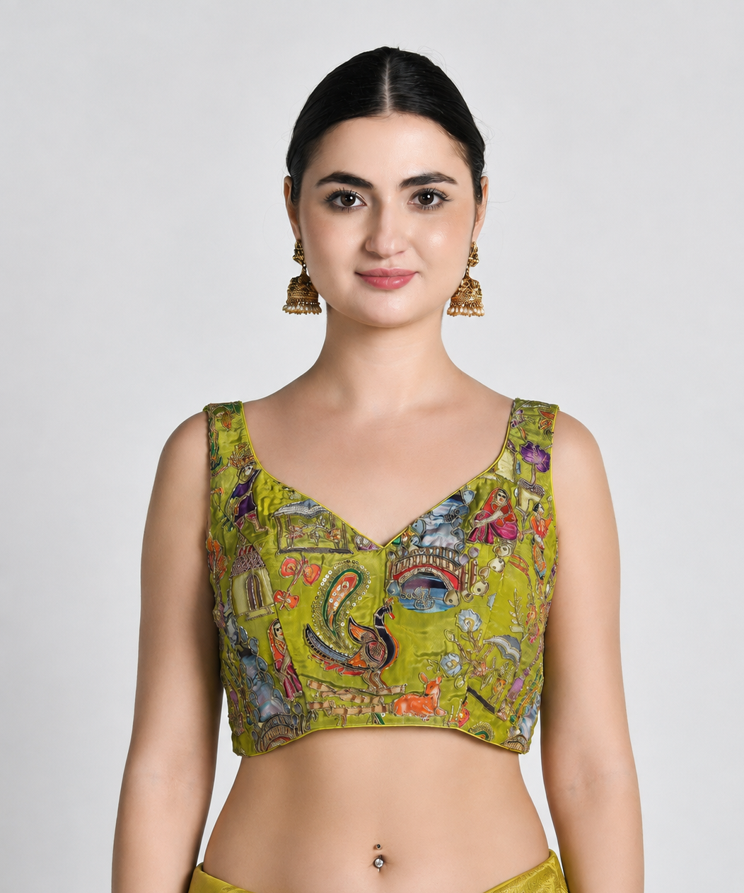 Chitralekha - Mehendi Green Hand-Painted Pichwai Saree Blouse