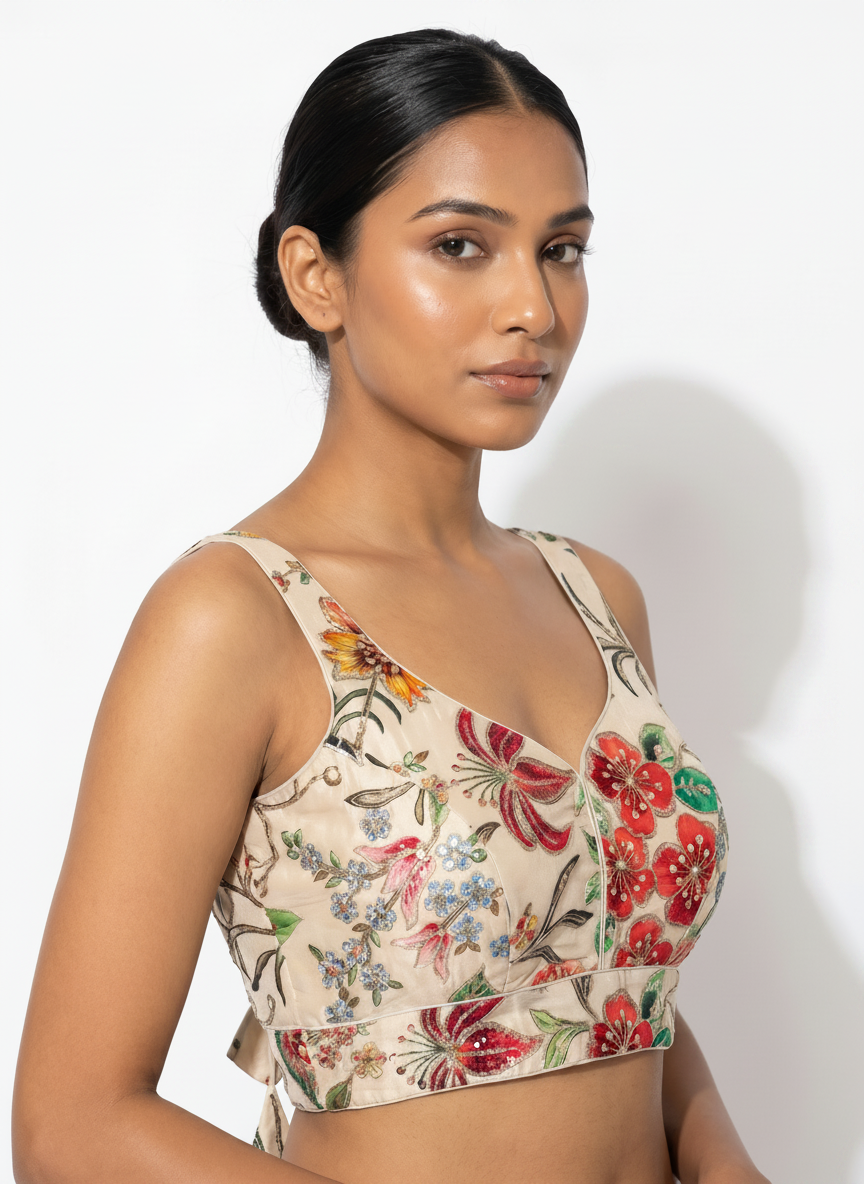 Aparajita Vasanti ivory hand-painted floral sequin saree blouse, hand-painted floral detail