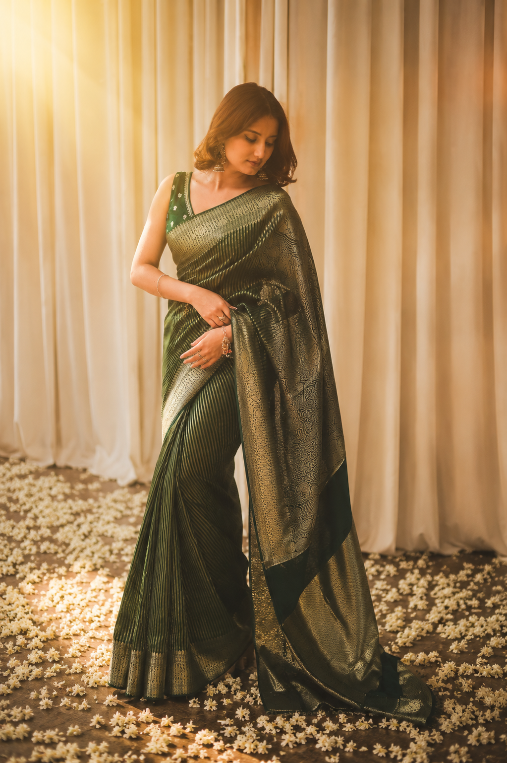 Panna - Emerald Green Striped Tissue Silk Banarasi Saree