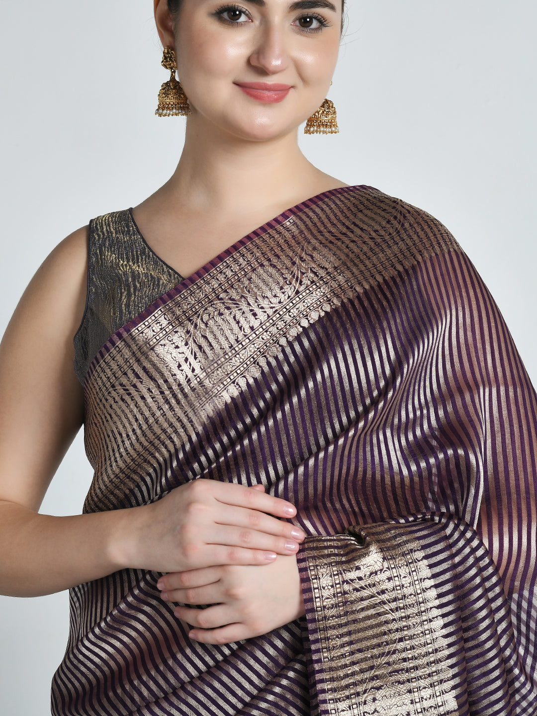Jamuna Purple Striped Tissue Silk Banarasi Saree – studio shot 2