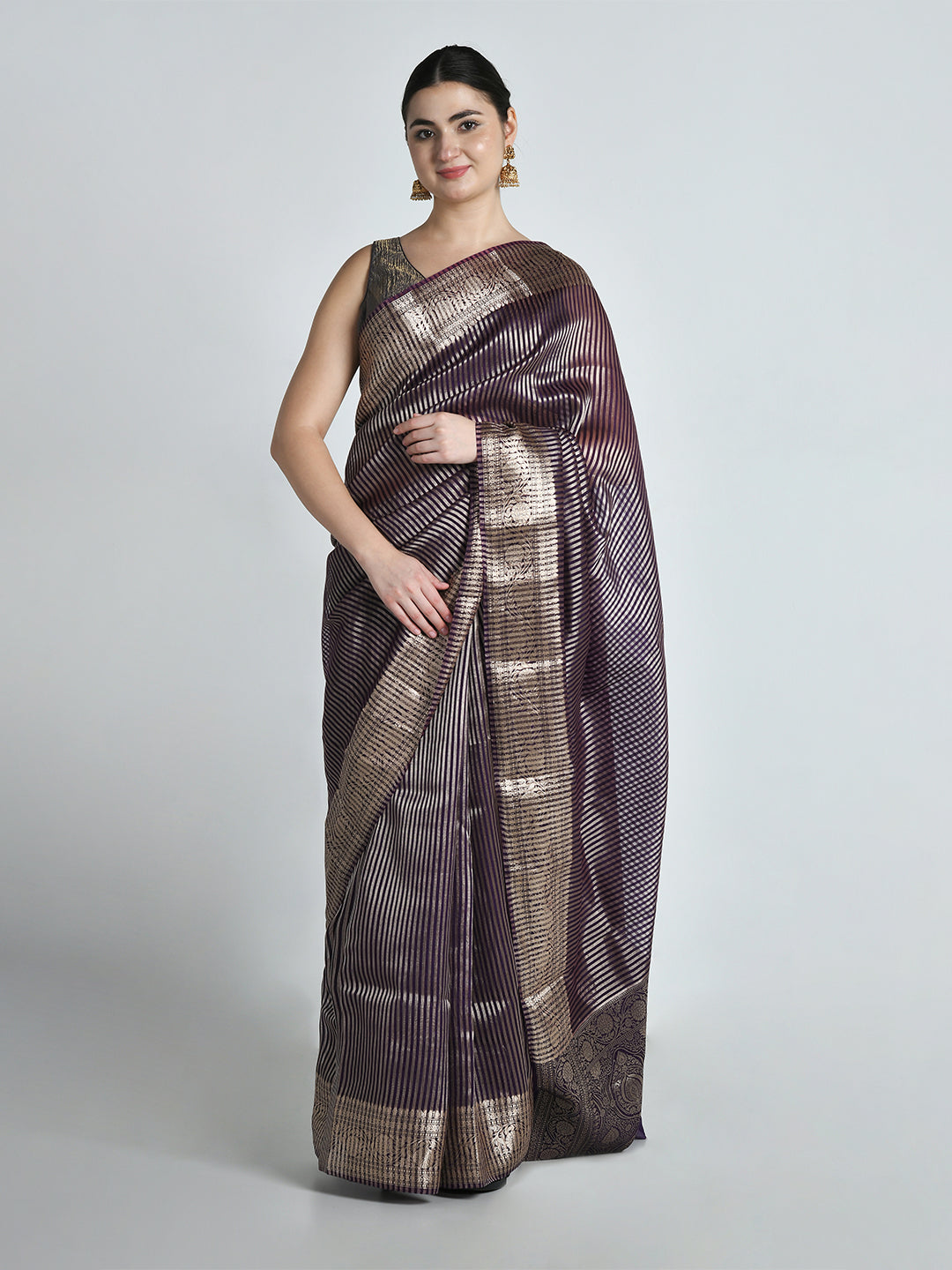 Jamuna Purple Striped Tissue Silk Banarasi Saree – studio shot 3