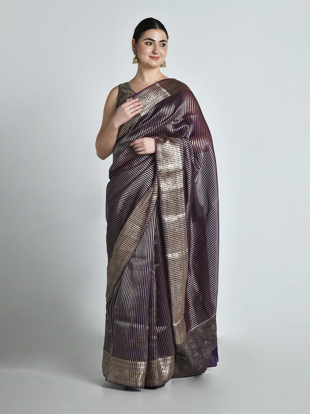 Jamuna Purple Striped Tissue Silk Banarasi Saree – studio shot 4