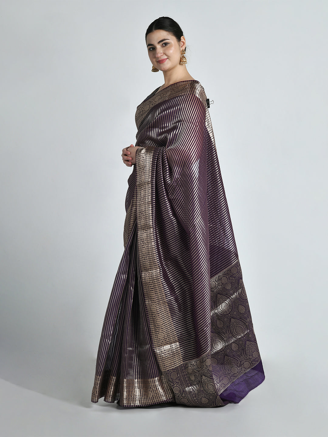Jamuna Purple Striped Tissue Silk Banarasi Saree – studio shot 5