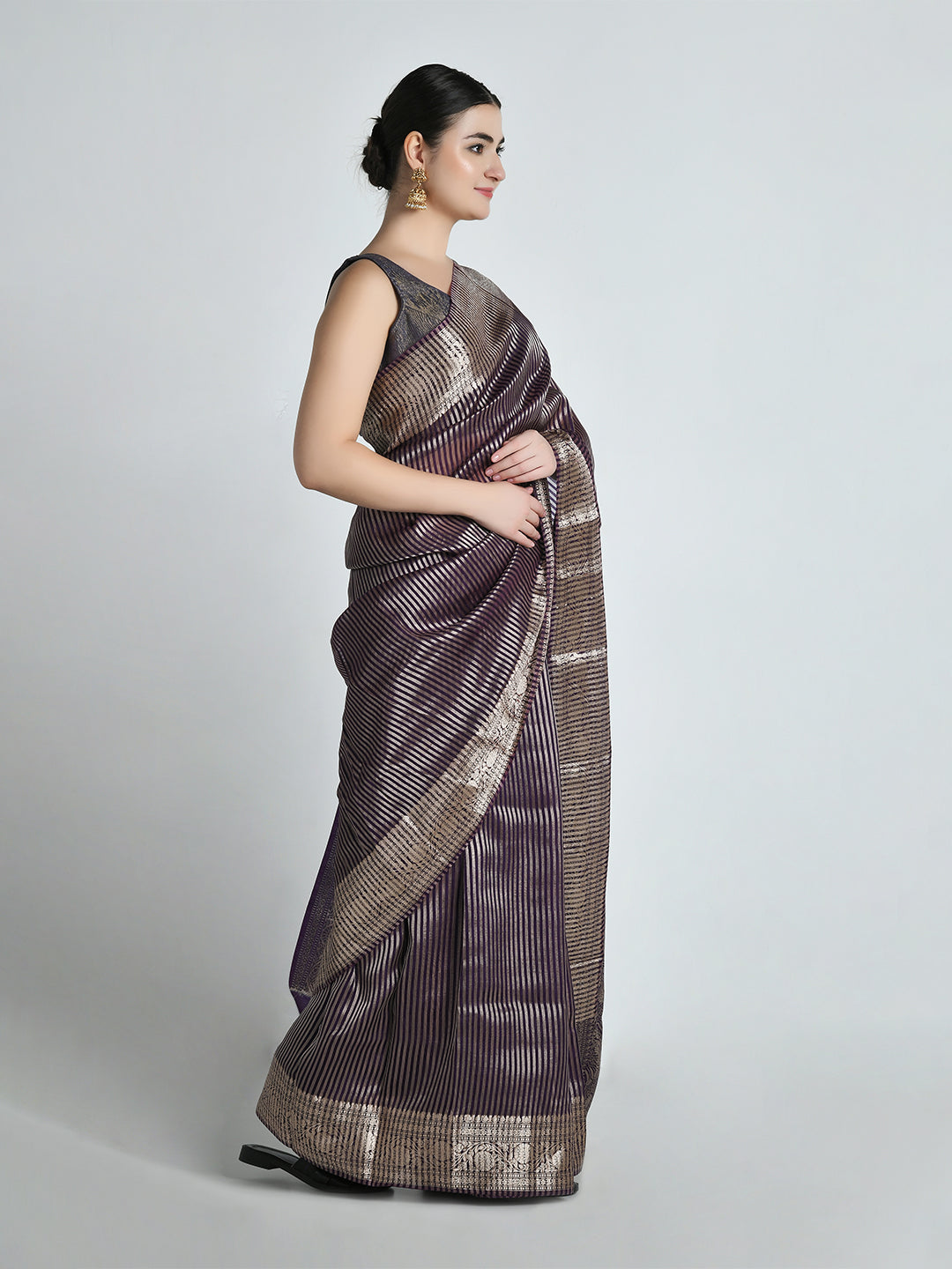 Jamuna Purple Striped Tissue Silk Banarasi Saree – studio shot 8
