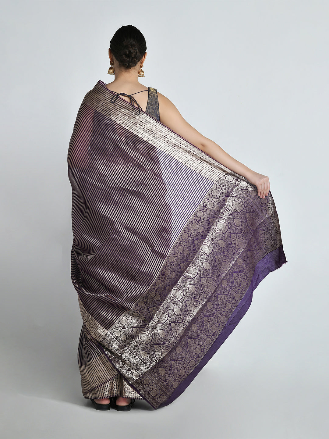 Jamuna Purple Striped Tissue Silk Banarasi Saree – studio shot 9