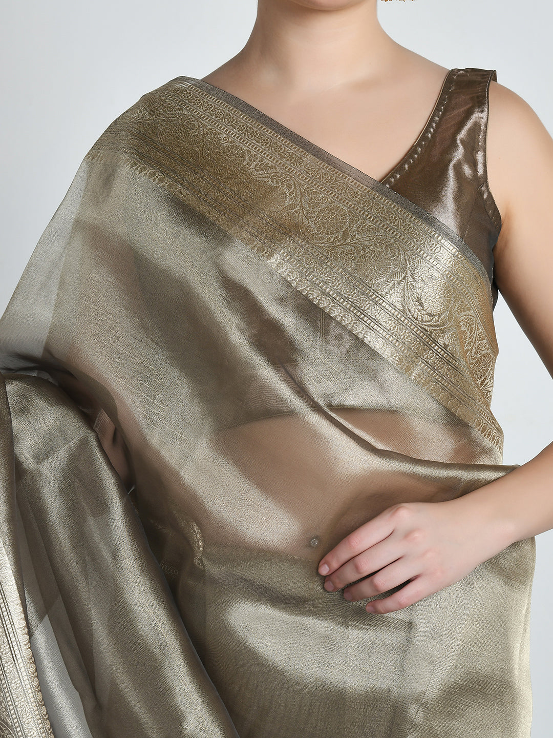 Kansya Antique Gold Bronze Tissue Silk Saree – studio shot 1
