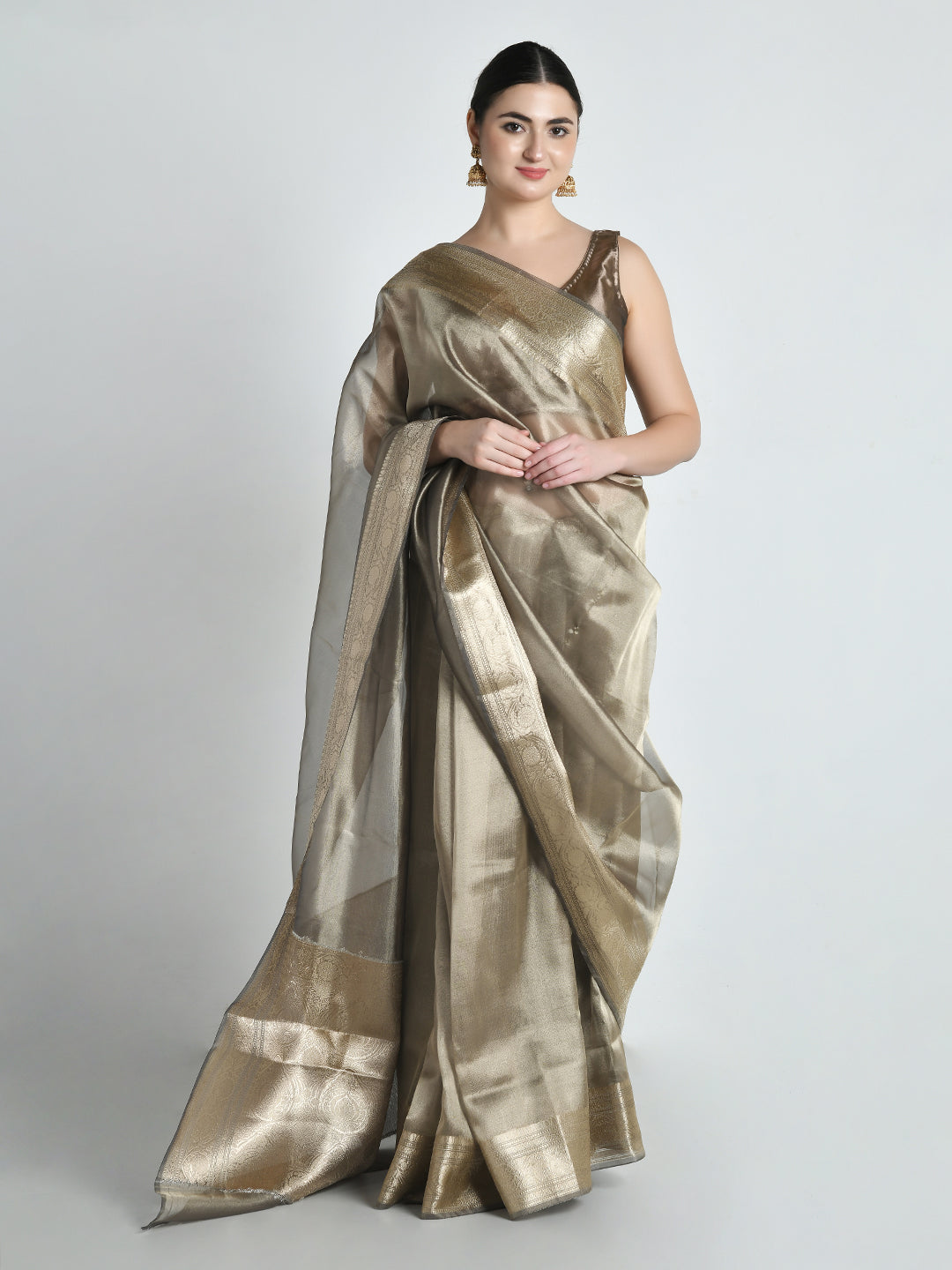 Kansya Antique Gold Bronze Tissue Silk Saree – studio shot 2