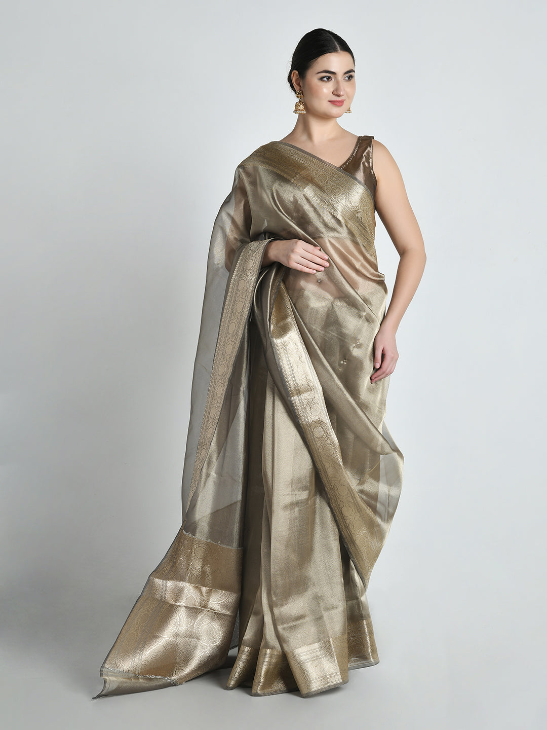 Kansya Antique Gold Bronze Tissue Silk Saree – studio shot 3