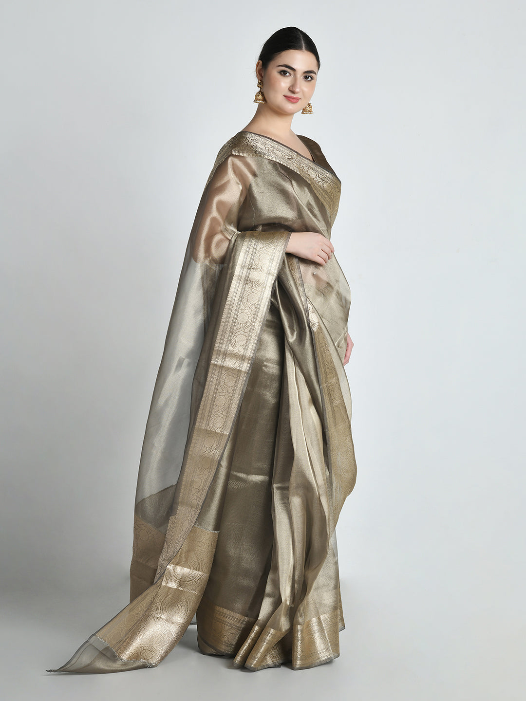Kansya Antique Gold Bronze Tissue Silk Saree – studio shot 4