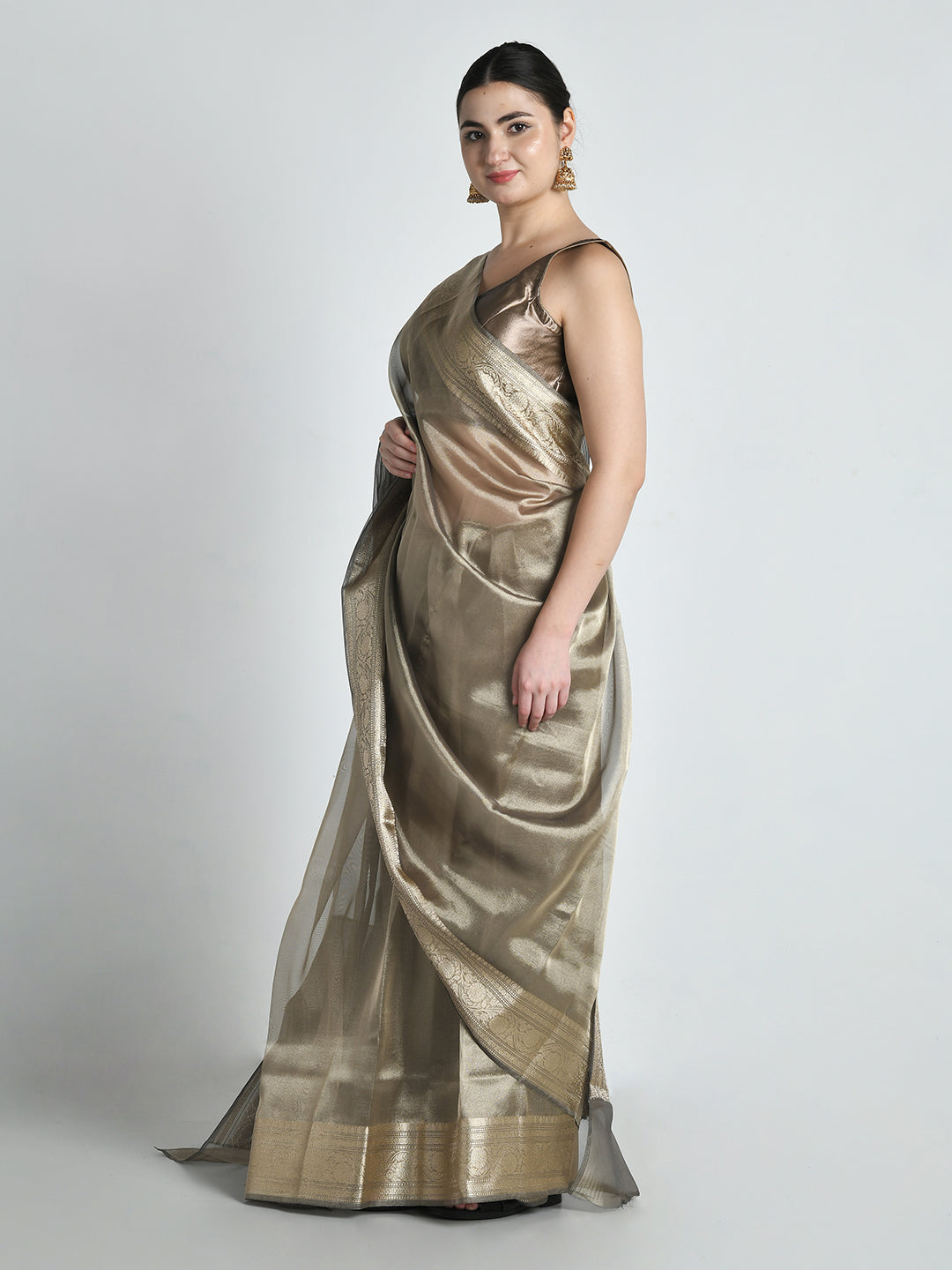 Kansya Antique Gold Bronze Tissue Silk Saree – studio shot 6