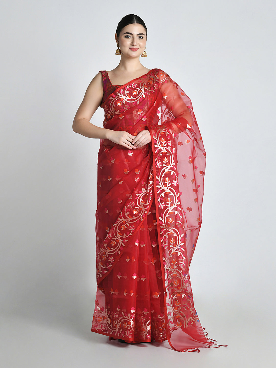 Laalima Crimson Handloom Organza Saree – studio shot 1