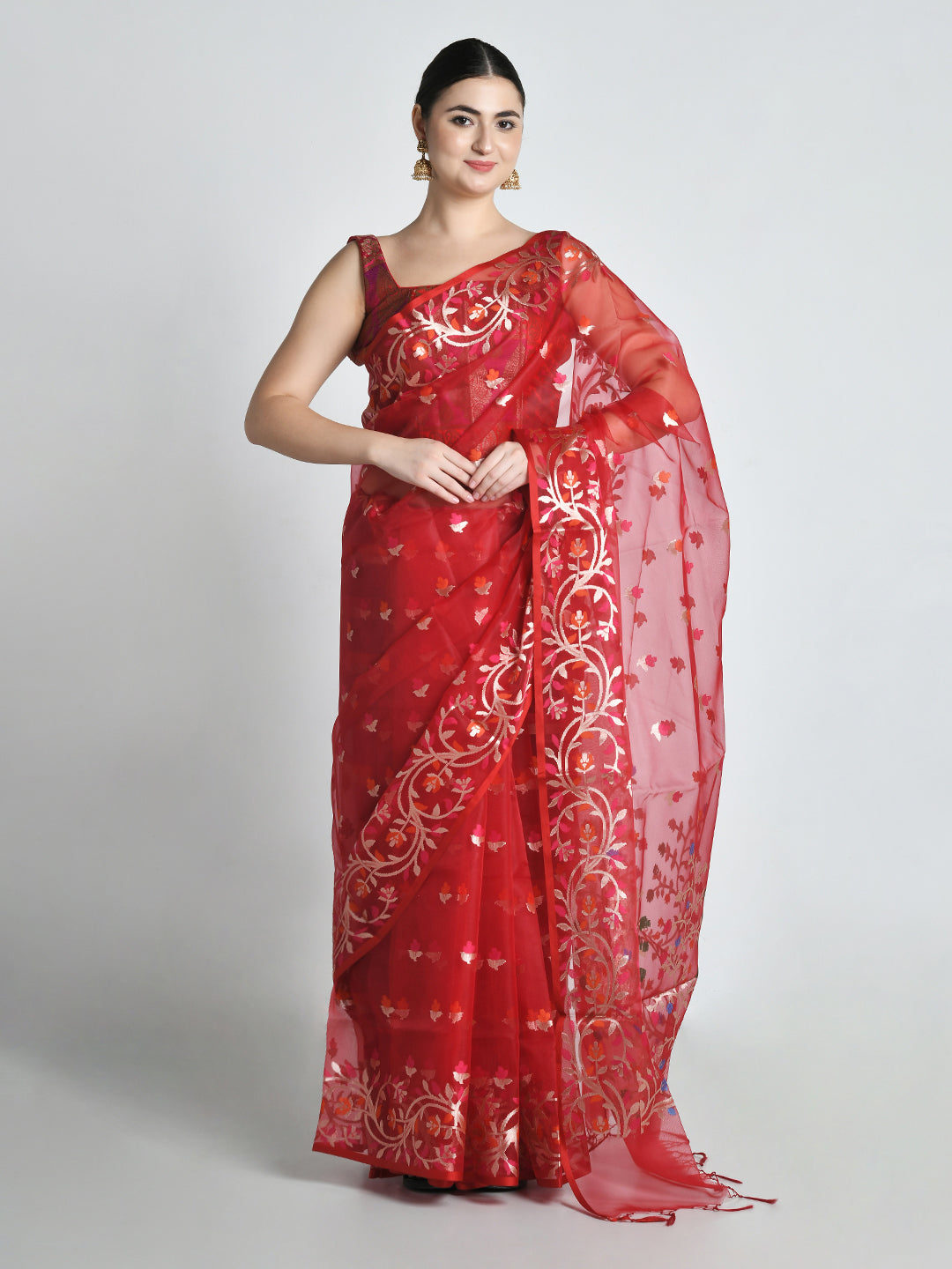 Laalima Crimson Handloom Organza Saree – studio shot 2