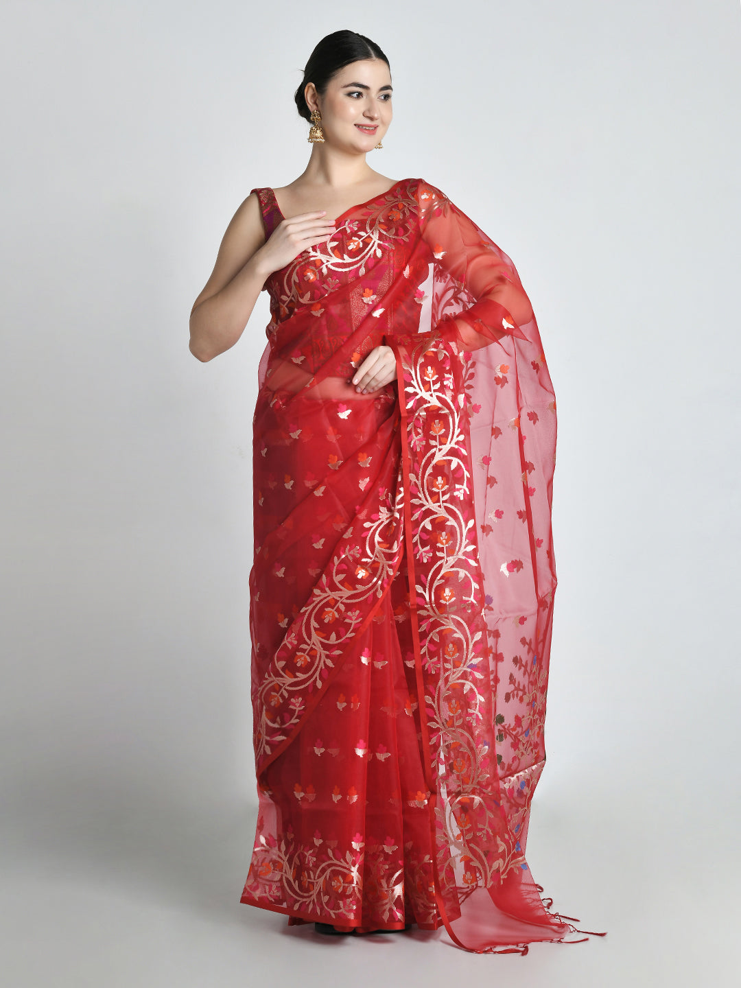 Laalima Crimson Handloom Organza Saree – studio shot 3