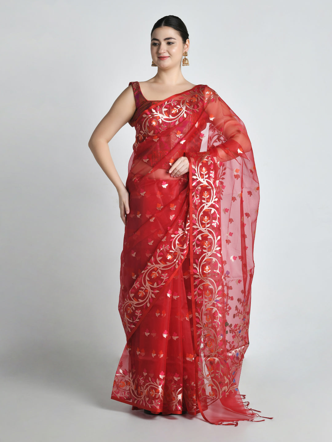 Laalima Crimson Handloom Organza Saree – studio shot 4