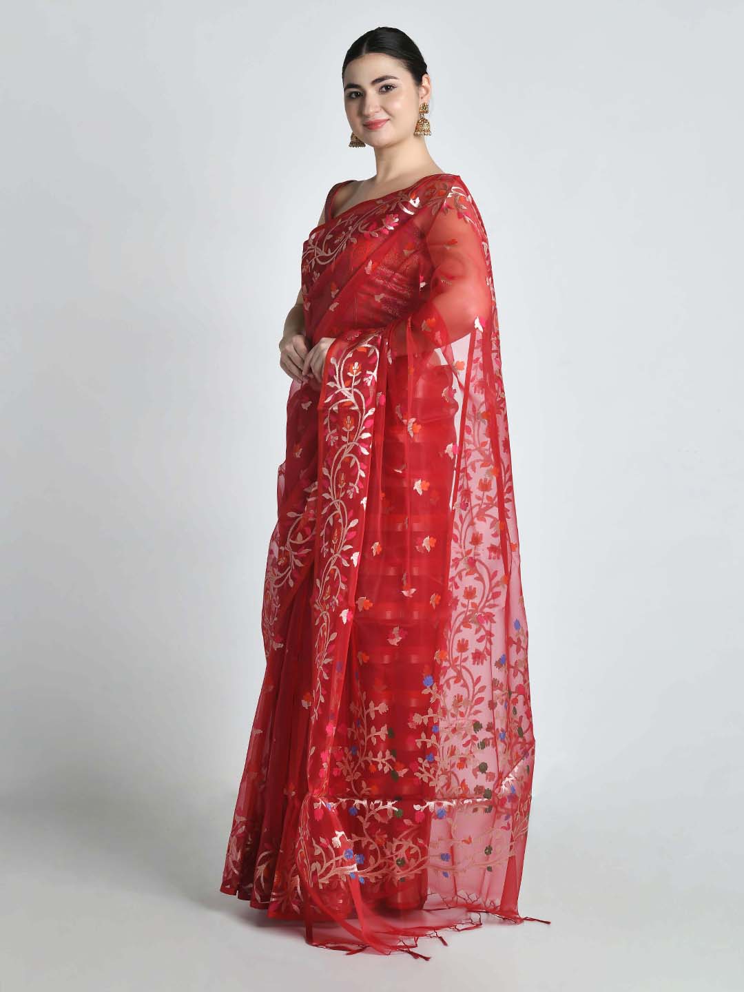 Laalima Crimson Handloom Organza Saree – studio shot 5