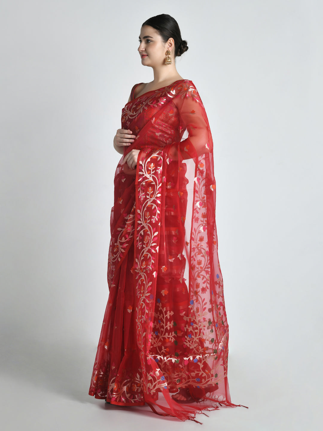 Laalima Crimson Handloom Organza Saree – studio shot 6