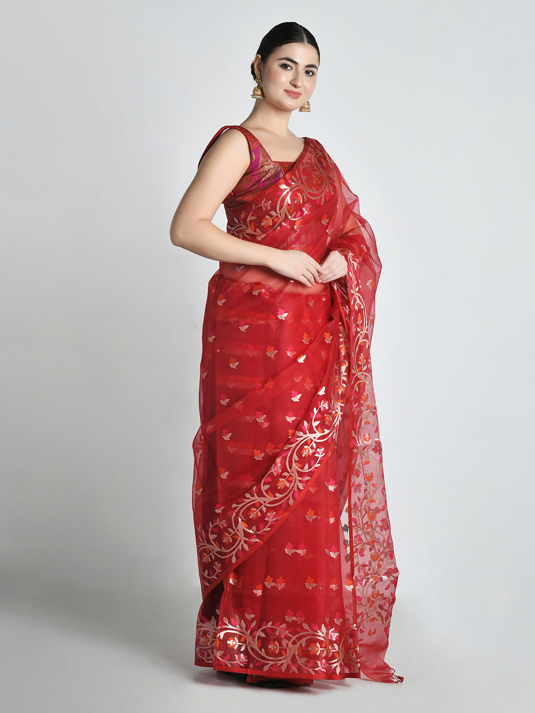 Laalima Crimson Handloom Organza Saree – studio shot 7