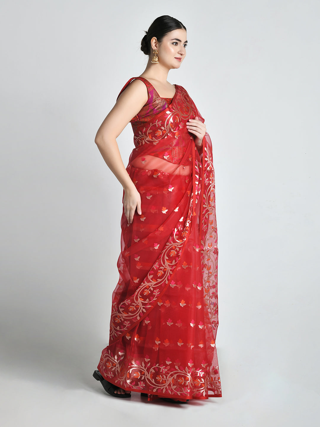 Laalima Crimson Handloom Organza Saree – studio shot 8