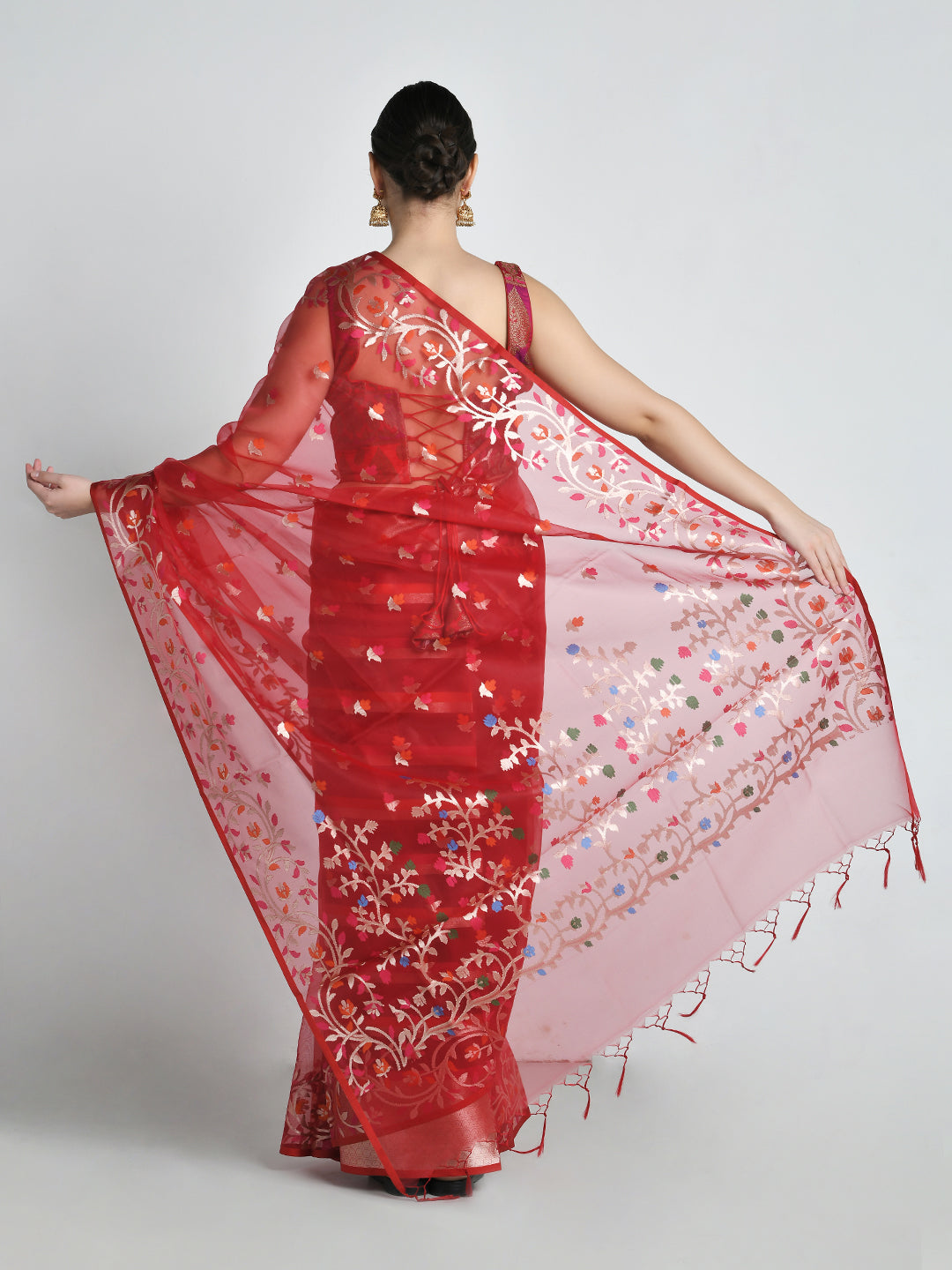 Laalima Crimson Handloom Organza Saree – studio shot 10