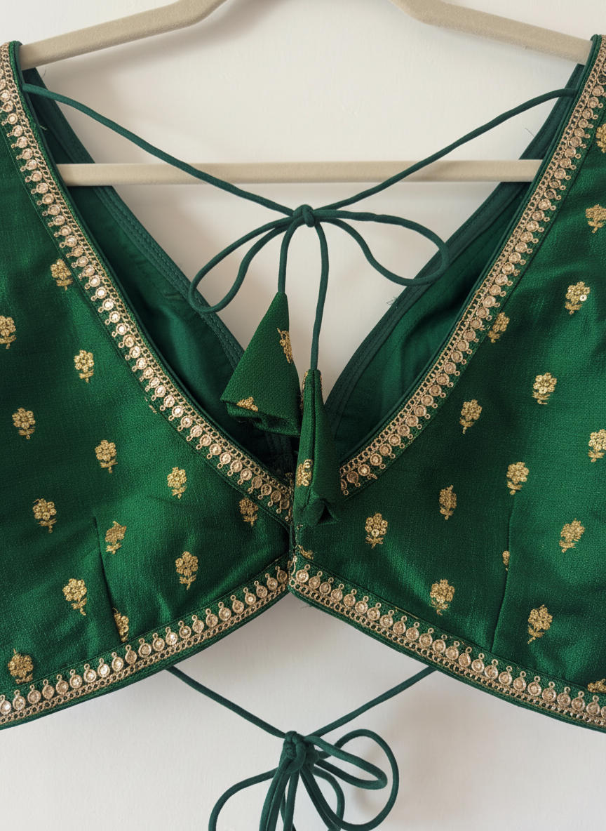 Aparajita Shyama emerald green zari butti silk saree blouse, styled lifestyle look