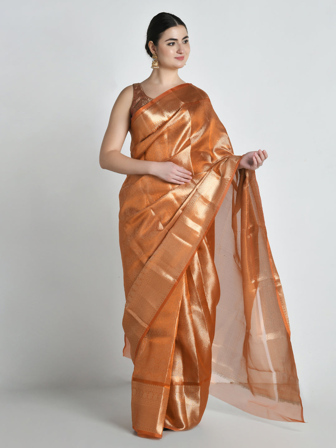 Mohini Orange Kanjivaram Tissue Silk Saree – studio shot 2