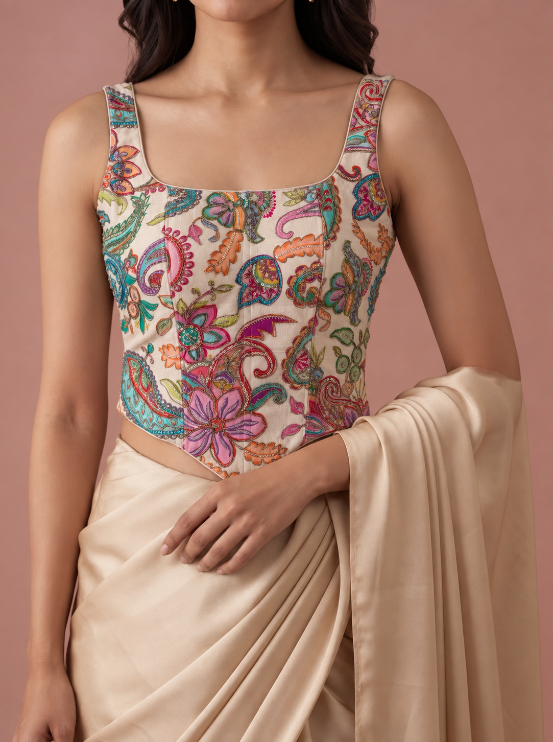 Mukta - Hand-Embroidered Ivory Corset Blouse