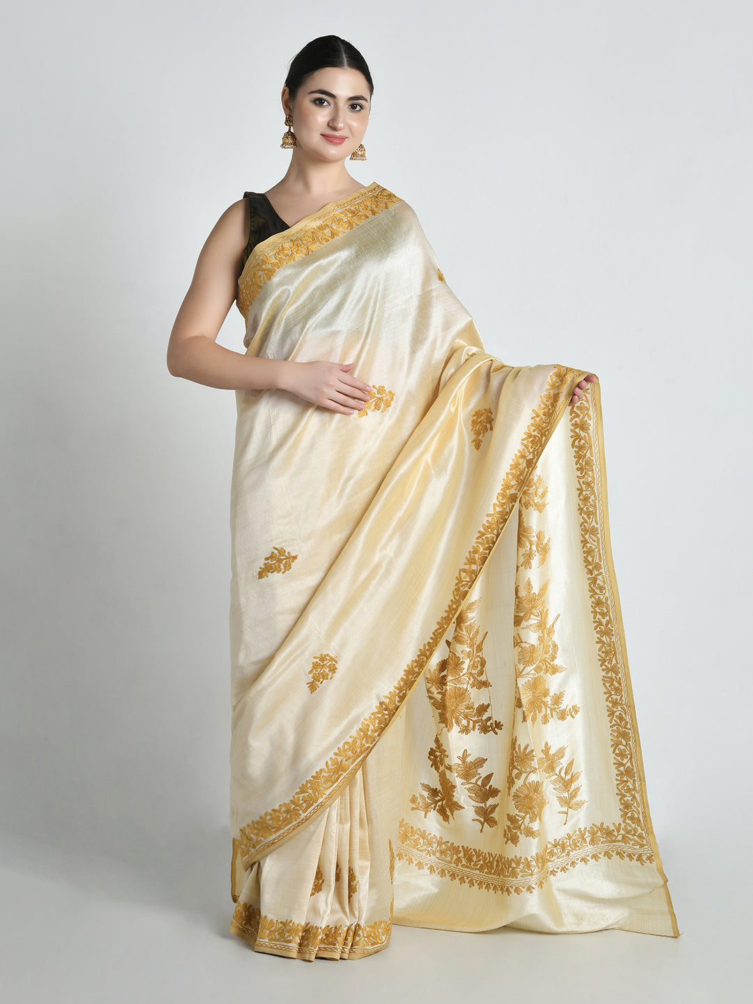 Noor Cream Cocoon Silk Saree with Kashmiri Aari Work – studio shot 1