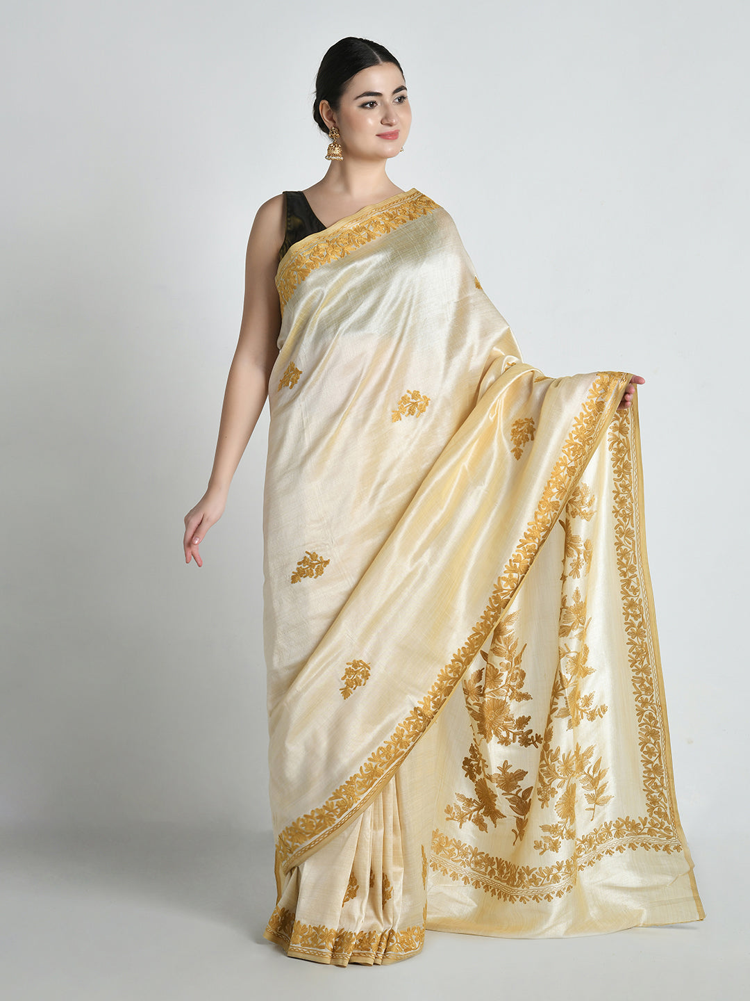 Noor Cream Cocoon Silk Saree with Kashmiri Aari Work – studio shot 2