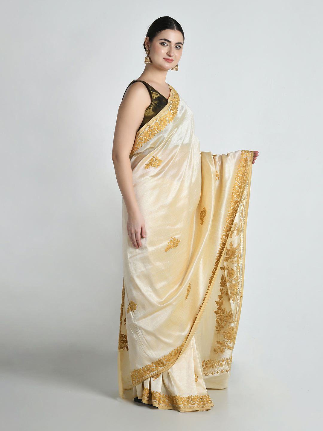Noor Cream Cocoon Silk Saree with Kashmiri Aari Work – studio shot 5