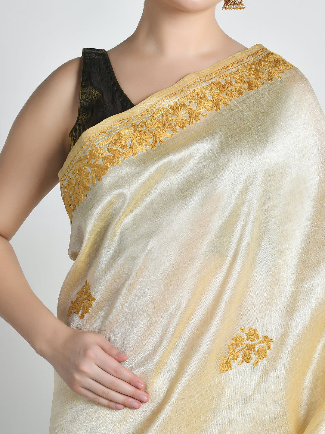Noor Cream Cocoon Silk Saree with Kashmiri Aari Work – studio shot 7
