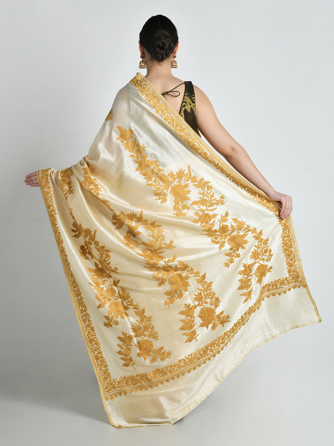 Noor Cream Cocoon Silk Saree with Kashmiri Aari Work – studio shot 8