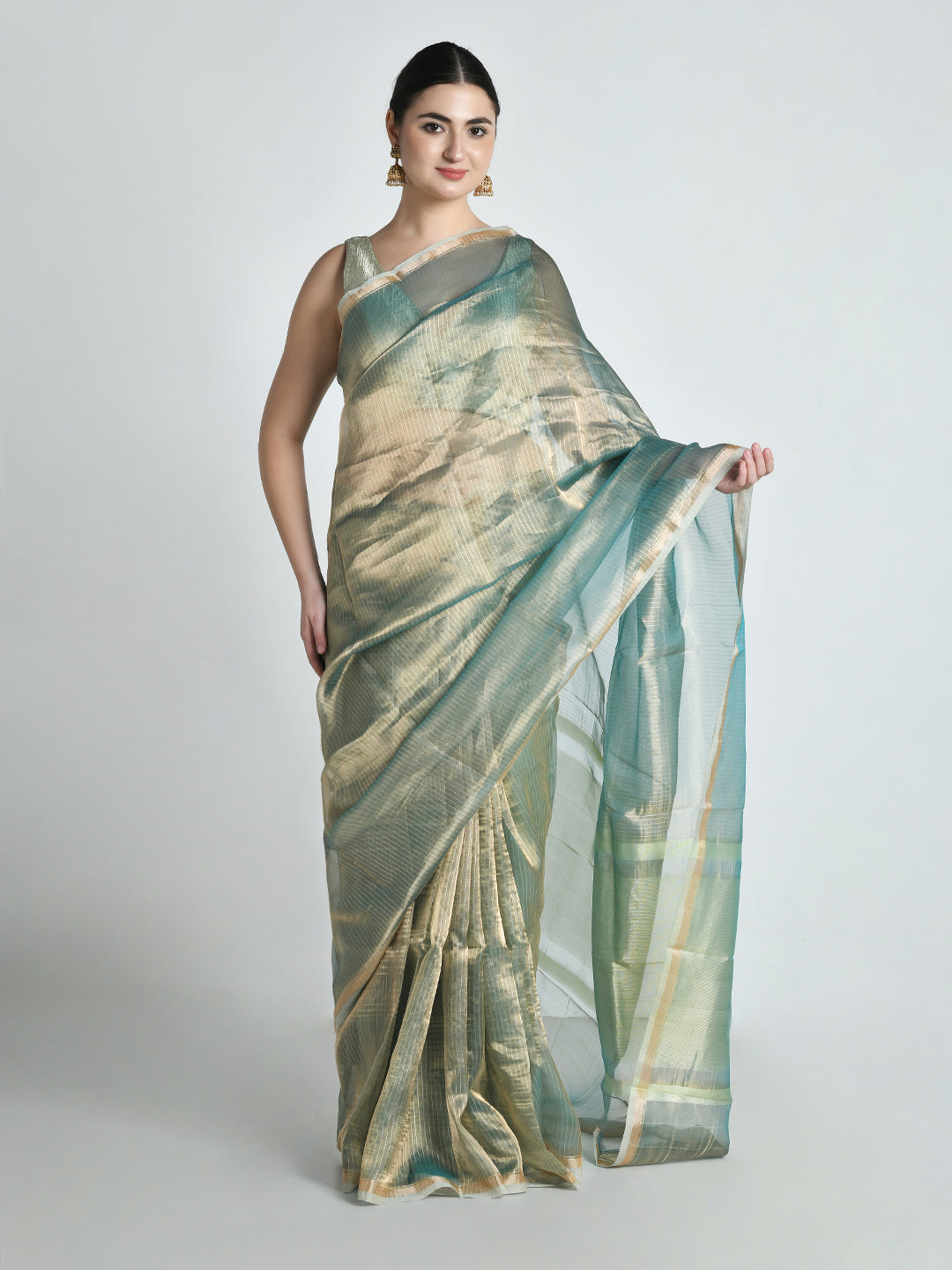 Os Mint Gold Tissue Saree – studio shot 2